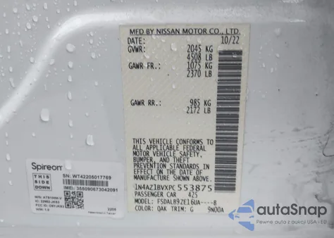 2023 Nissan Leaf S 40 Kwh z USA, uszkodzony, nr VIN 1N4AZ1BVXPC553875